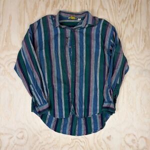Union Khaki Mens Small Cotton Striped Button Down Shirt Long Sleeve Vintage